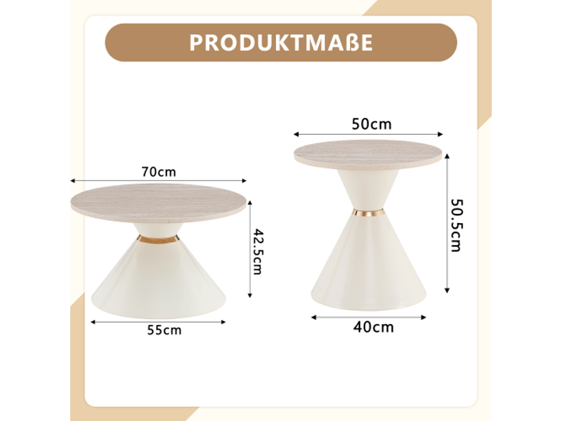  Ensemble 2 tables basses imbriquées – plateaux travertin-mélaminé – pieds métal dorés crème et blanc – gain de place  - Conforama C