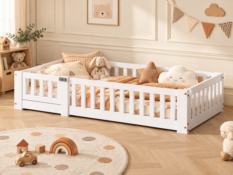 Lit montessori au sol en pin massif pour enfant, lit enfant 120x200 cm avec 30cm garde-corps de sécurité - peinture à base d’eau écologique - sommier à lattes inclus - style scandinave, lit bas pour chambre d’enfant - Conforama B