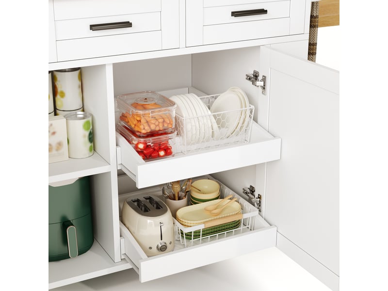  Îlot de cuisine 120 cm, plateau rabattable, 3 tiroirs, rangements coulissants, prises usb, roulettes, blanc et bois  - Conforama E