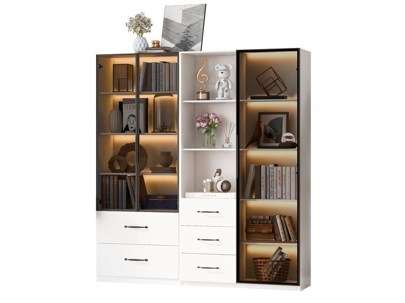  Vitrine led blanche 140x40x160 cm, bibliothèque avec portes en verre et tiroirs, éclairage multicolore, meuble de rangement  - Conforama A