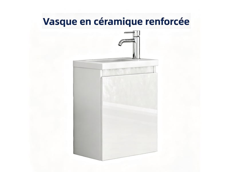  Meuble salle de bain suspendu 40 cm avec vasque en céramique et miroir - blanc brillant gain de place  - Conforama W