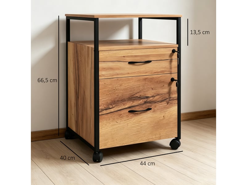  Caisson de bureau mobile 2 tiroirs et 1 étagère sur roulettes marron 44 x 40 x 66,5 cm  - Conforama C