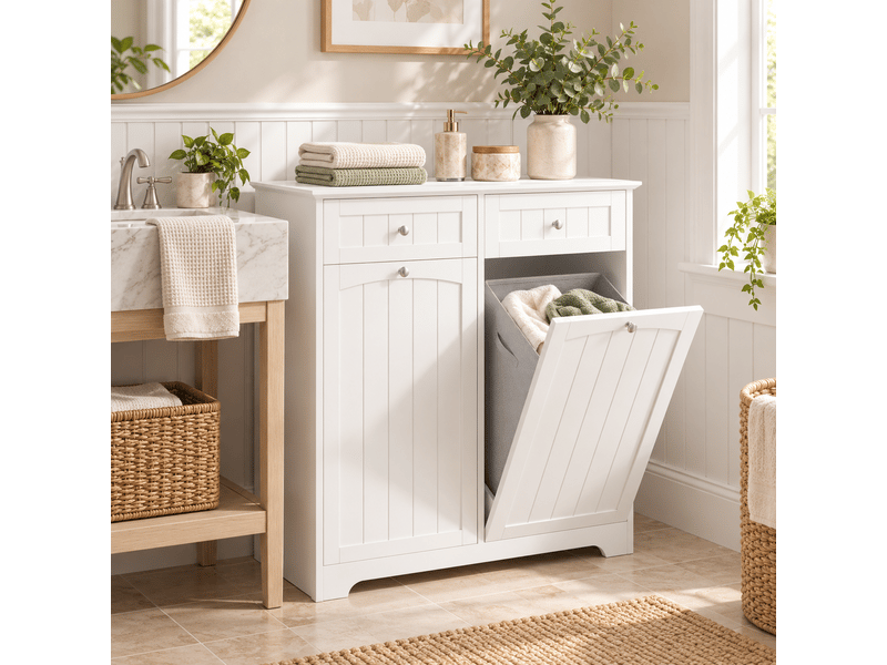 Meuble de salle de bain et buanderie 78x38x90 cm sur pieds, panier à linge basculant, 2 tiroirs, 2 sacs à linge amovibles, mdf - blanc - Conforama B