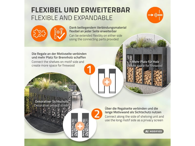  Ml-design range-bûches modulable avec jardinière en acier galvanisé, intérieur et extérieur, résistant aux intempéries, rangement bois de chauffage, motif de branches, anthracite, 30 x 30 x 111 cm ECD Germany GmbH - Conforama D