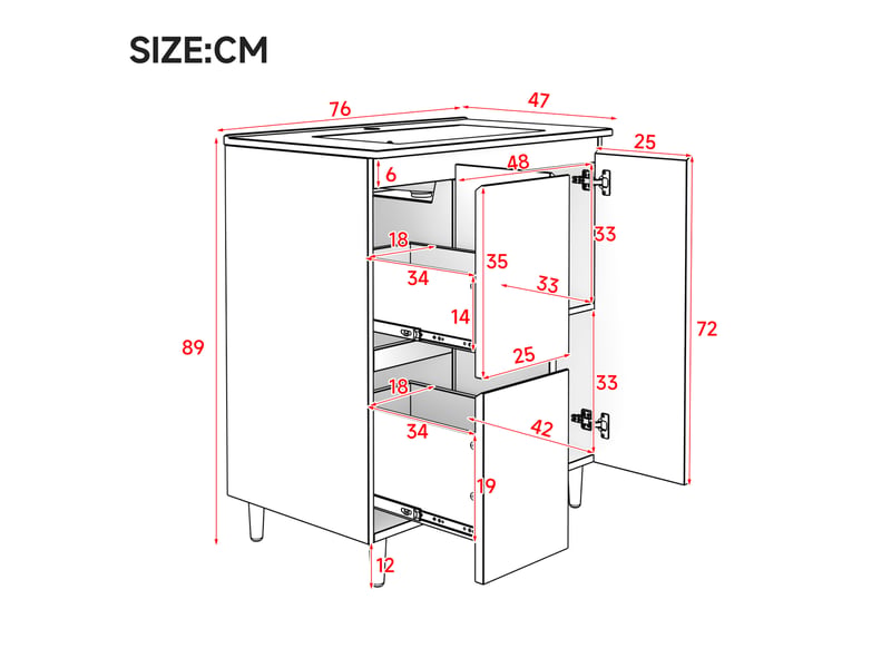  Meuble vasque avec led et 2 tiroirs mdf et céramique rose 76 x 47 x 89 cm  - Conforama C
