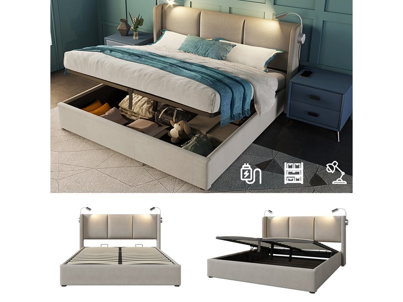 Lit coffre 160x200 cm rembourré, rangement hydraulique, tête de lit avec lampe de lecture et usb, revêtement lin - Conforama E