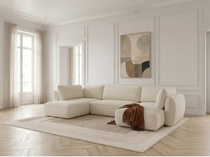 Canapé d'angle droit convertible <strong>BOBOCHIC</strong> <strong>ESMEE</strong> 5 places Tissu blanc avec coffre de rangement