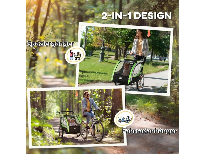  Remorque vélo enfant 2 places 142 x 75 x 101 cm verte polyester, fonction poussette et frein arrière  - Conforama D