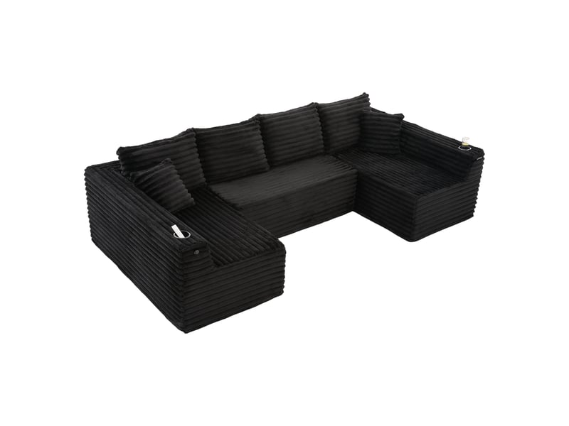 Canapé modulable en u en velours côtelé noir, assise mousse et ressorts, 4 coussins, porte-gobelets et poches latérales  - Conforama A