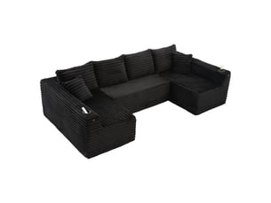 Canapé modulable en u en velours côtelé noir, assise mousse et ressorts, 4 coussins, porte-gobelets et poches latérales