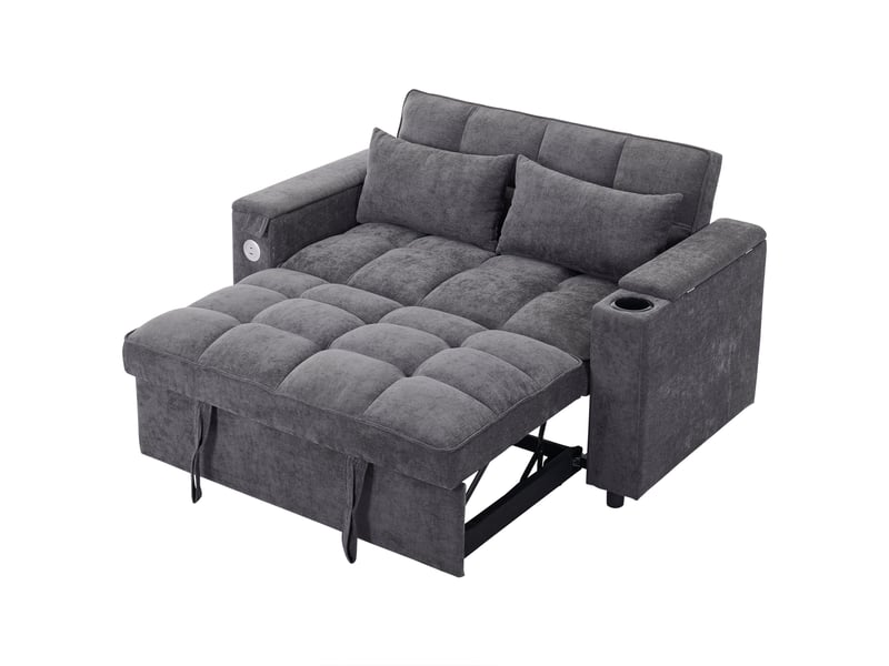 Canapé convertible 2 places 3-en-1, dossier réglable, table cachée, porte-gobelets et port usb, gris - Conforama A
