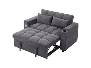 Canapé convertible 2 places 3-en-1, dossier réglable, table cachée, porte-gobelets et port usb, gris
