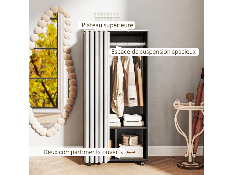  Armoire penderie armoire de rangement mobile avec rideau, panneaux de particules, tringle de suspension, noir  - Conforama E