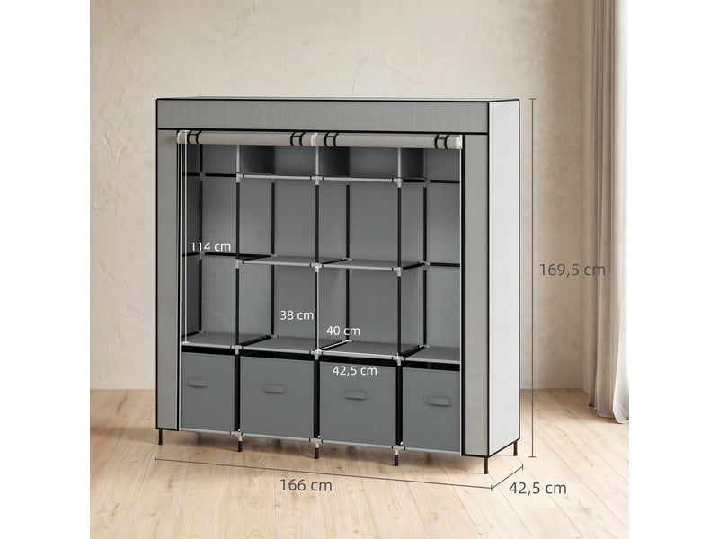  Armoire en tissu, armoire portable à 10 compartiments, 2 tringles et 4 tiroirs, 166 x 42,5 x 169,5 cm, grise  - Conforama E