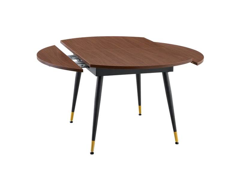  Table à rallonges, pouvant passer d'une forme ronde à une forme ovale, plateau en mdf rehaussé de touches dorées, couleur noyer  - Conforama R