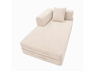 Canapé 2 places, transformable en lit, avec coussins, en velours côtelé, coloris blanc, l185 x p92,5 x h60 cm, pour salon et chambre