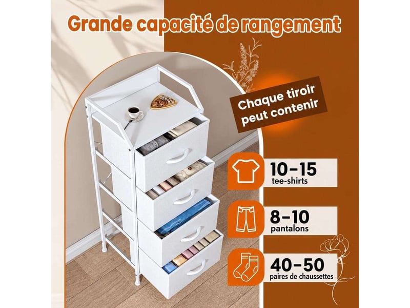  Chiffonnier meuble 43x30x98 cm quatre tiroirs tissu blanc et structure metal moderne  - Conforama C