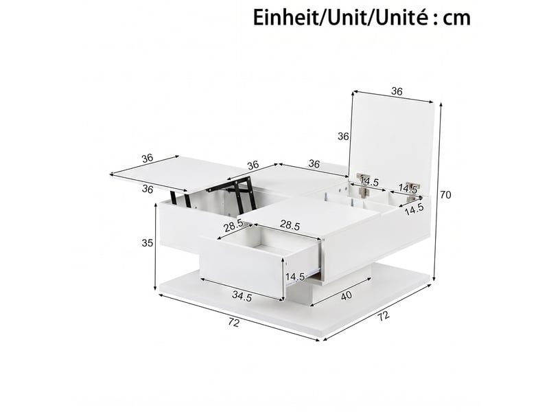  Table basse relevable,72x72x35 cm,2 tiroirs avec led,blanche  - Conforama C