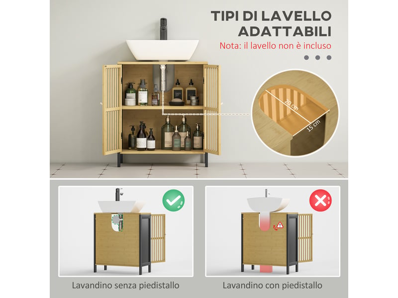  Meuble sous lavabo 60 x 30 x 70 cm, bambou et mdf, 2 portes à lattes, découpe en u  - Conforama R