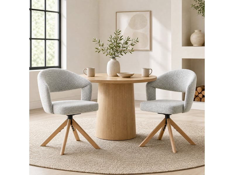 Chaises de salle à manger lot de 2 pivotantes à 360° - dossier incurvé, tissu et bois massif gris clair - Conforama C