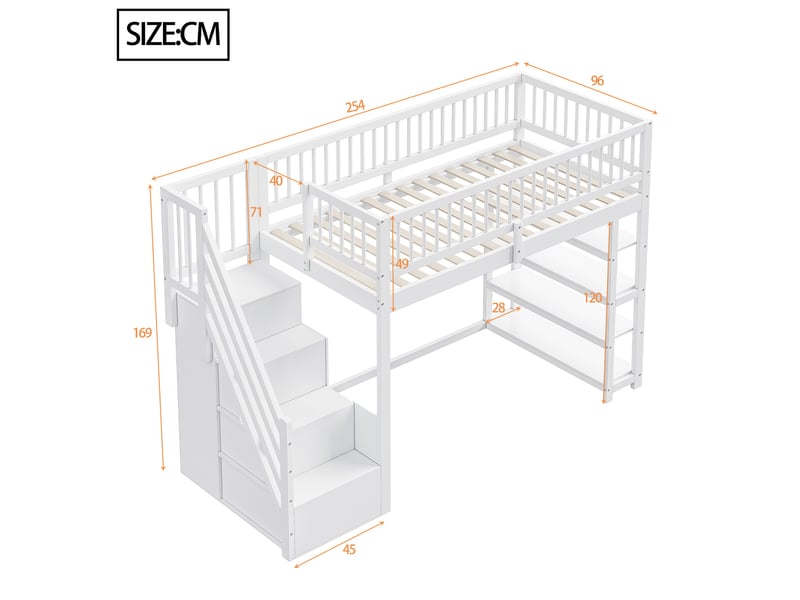 Lit mezzanine 90 x 200 cm, penderie, étagères et espace de rangement, échelle d'accès sécurisée, bois massif, blanc  - Conforama D