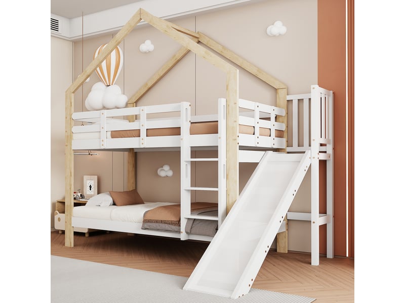  Lit superposé 90x200cm avec toboggan, échelle d'angle trois marches, maison avec garde-corps, bois massif, blanc  - Conforama D