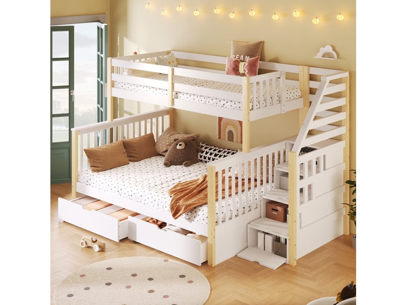  Lit superposé enfant 90x200 et 140x200 cm avec rangements blanc et naturel  - Conforama E