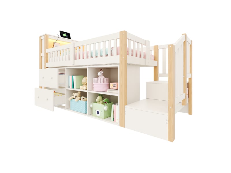  Lit mezzanine 90x200 cm – avec escalier rangement étagères led et usb – pin massif et mdf – naturel CozyNest - Conforama A