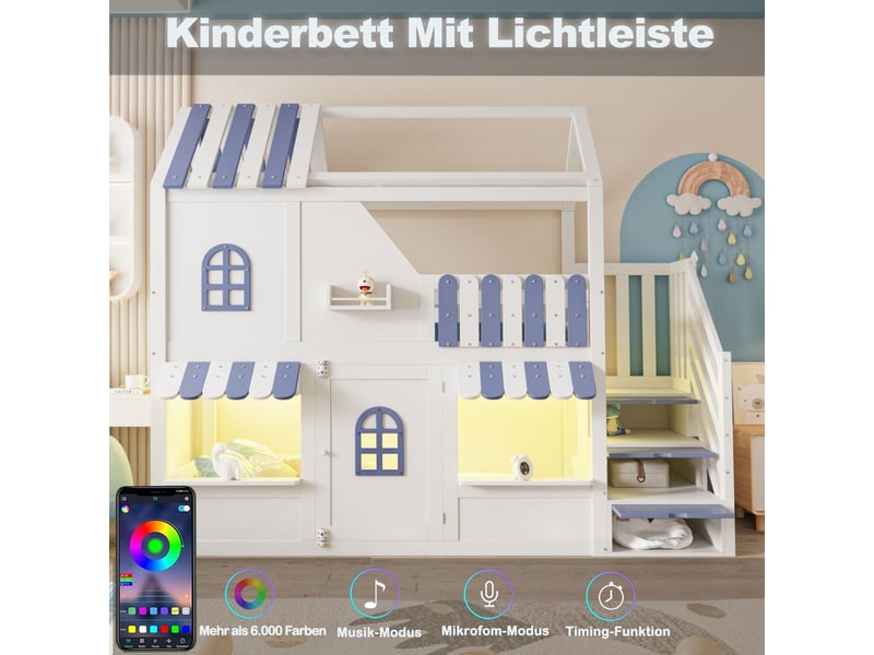 Lit mezzanine enfant 90 x 200 cm design maison fenêtres intégrées toit débord garde-corps de sécurité porte intégrée échelle de rangement éclairage led et étagères blanc et bleu - Conforama D