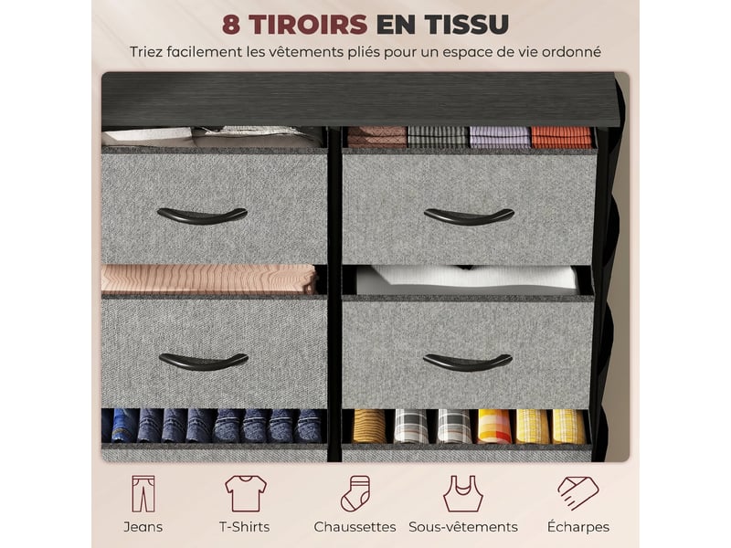 Commode 8 tiroirs en tissu, meuble de rangement avec 4 poches, 2 crochets, structure en acier, 86 x 30 x 94,5 cm, gris  - Conforama D
