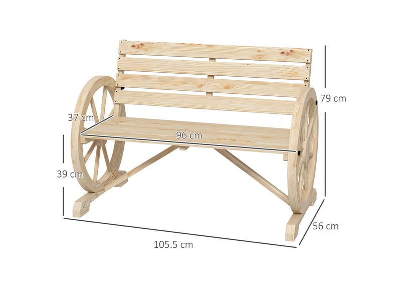  Banc de jardin 2 places 105,5x56 cm – bois naturel – accoudoirs roues, dossier large style campagne  - Conforama C