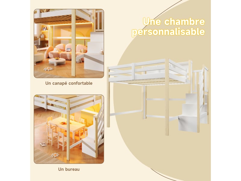  Lit mezzanine enfant 140x200 cm avec éclairage led, rangement sous le lit et escalier de rangement, blanc et bois naturel  - Conforama D