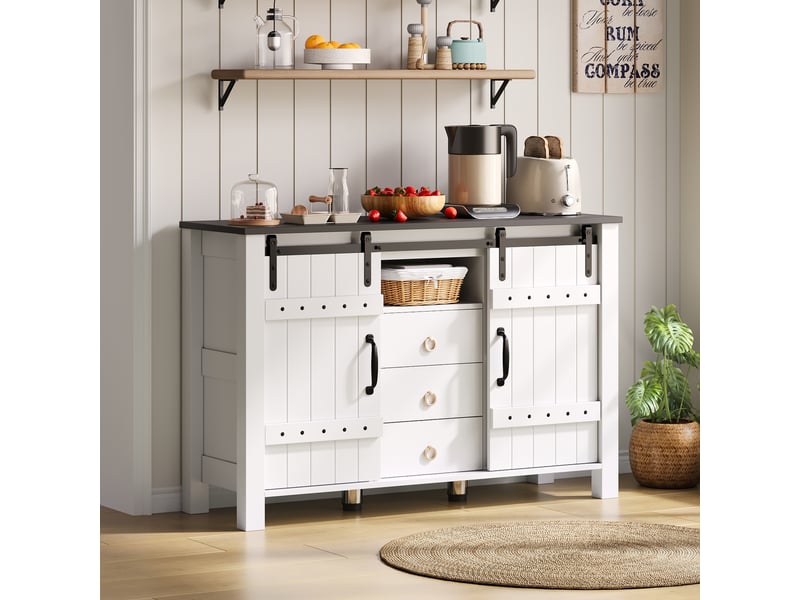 Buffet de cuisine 120 cm blanc rustique, meuble de rangement avec portes coulissantes et 3 tiroirs pour salle à manger  - Conforama D