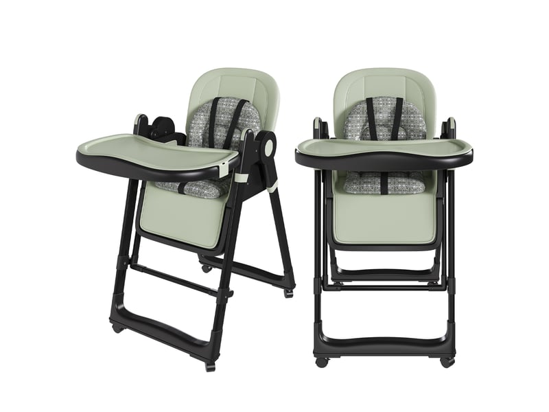 Chaise haute bébé 2-en-1 vert foncé, fonction balancelle, pliable et réglable en hauteur - Conforama A