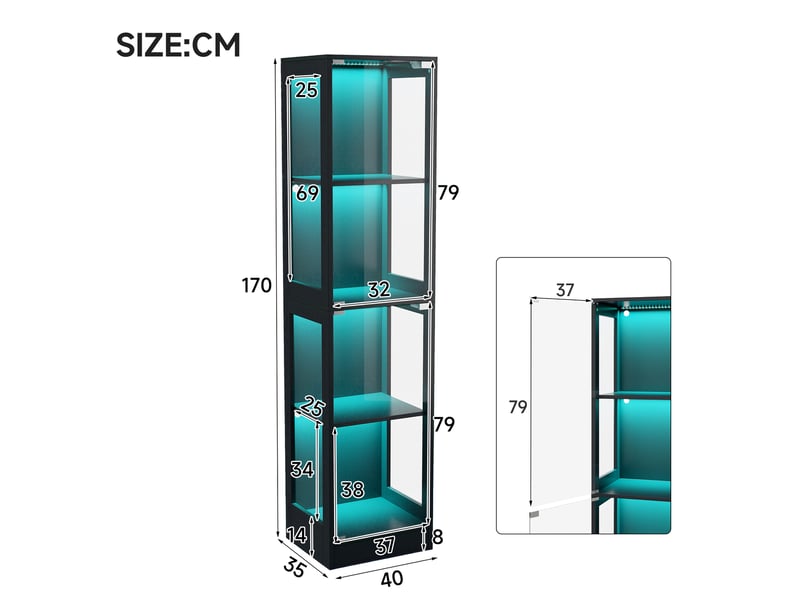  Vitrine led en verre trempé, meuble vitrine noir 4 niveaux avec éclairage connecté, armoire d'exposition pour figurines, 40x35x170cm RH-NK000203AAB - Conforama B