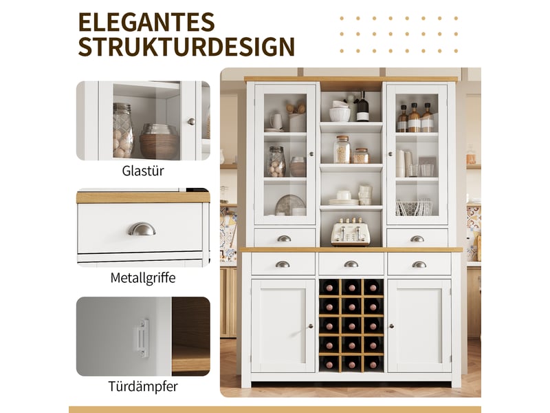  Armoire de cuisine blanche 185cm, buffet haut avec porte en verre, 5 tiroirs, range-bouteilles amovible  - Conforama W