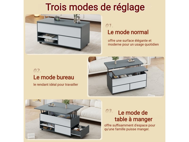  Table basse en panneau de particules gris, rectangulaire, plateau relevable, 100 x 98 x 65 cm  - Conforama W