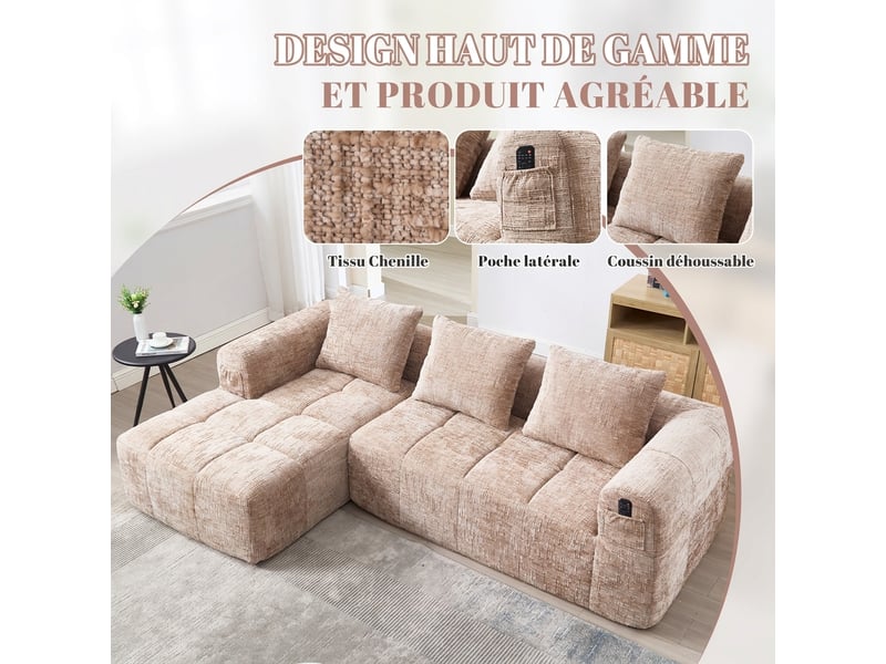  Canapé d’angle 3 places avec méridienne, modulable en chenille, poches latérales et 3 coussins lavables, kaki  - Conforama B