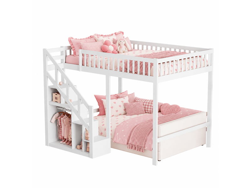  Lit mezzanine enfant 140x200 cm avec escalier de rangement, lit surélevé avec sommier et barrière, lit avec rangement, cadre de lit double, bois massif, blanc  - Conforama A