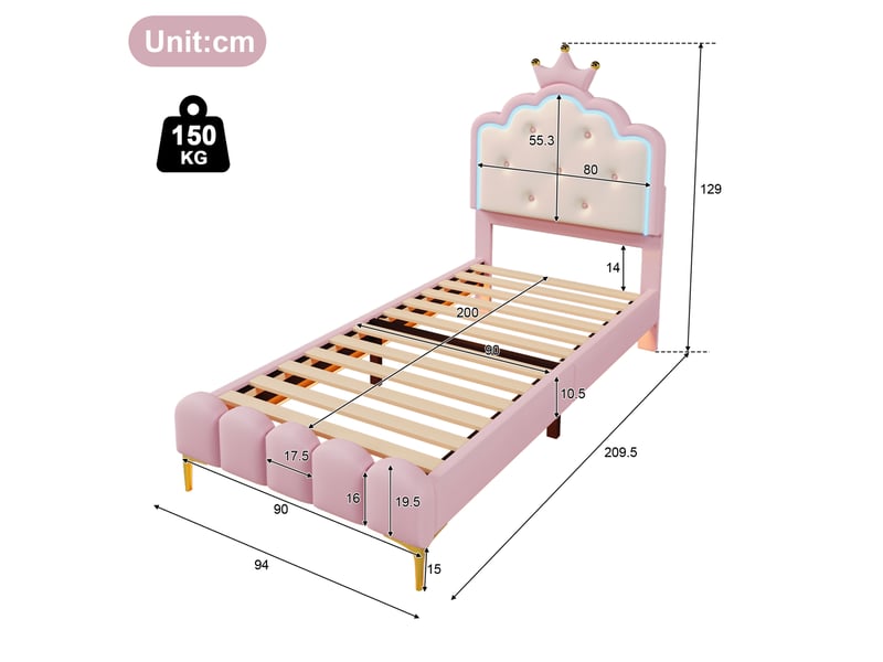  Lit 1 place princesse 90x200 cm avec sommier à lattes et led, rose  - Conforama E