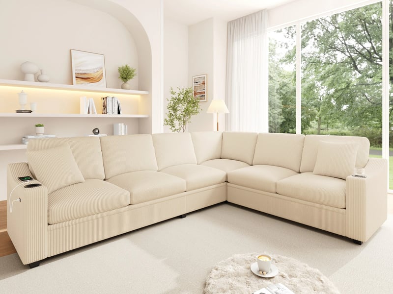 Canapé d'angle convertible,6 places, avec port de charge rapide usbtype-c, 2 porte-gobelets et 2 coussins,277 x 215 x 85 cm,beige - Conforama B