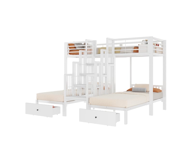 Lit superposé 3 couchages 90x200 cm blanc avec escalier central et 2 tiroirs - Conforama A