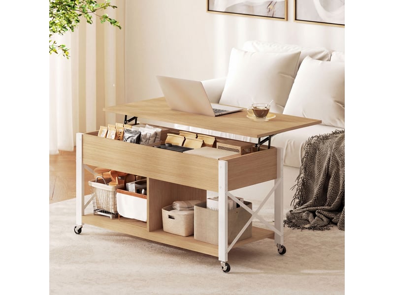  Table basse relevable à roulettes, table de salon avec compartiment caché, étagères ouvertes, bois naturel et blanc  - Conforama D