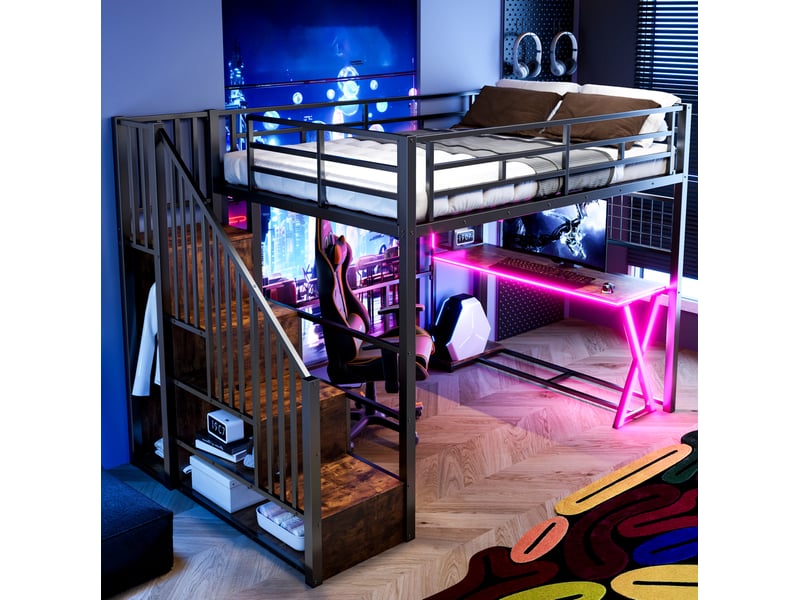  Lit mezzanine 140x200 cm avec bureau, armoire et led noir  - Conforama D