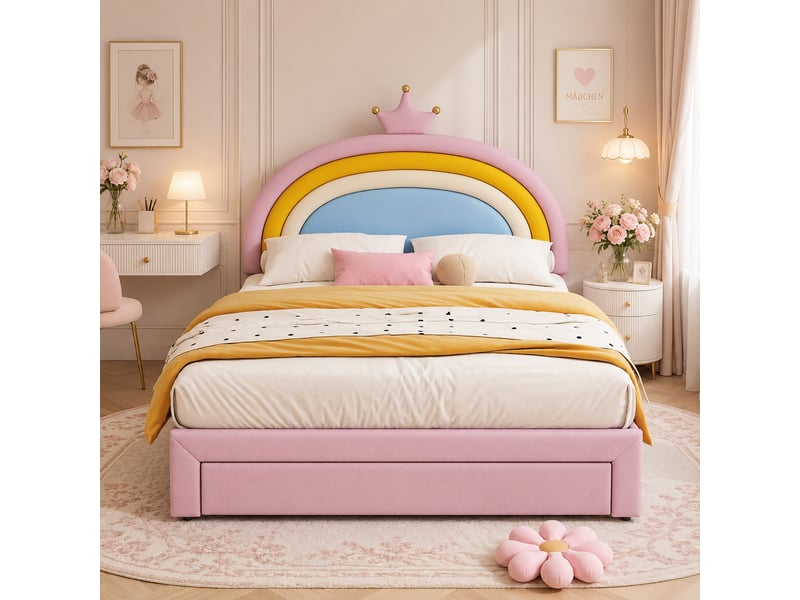 Lit rembourré pour enfants 140x200cm - avec 1 tiroir - tête de lit arc-en-ciel - hauteur de tête de lit réglable - pu - rose (sans matelas) - Conforama D