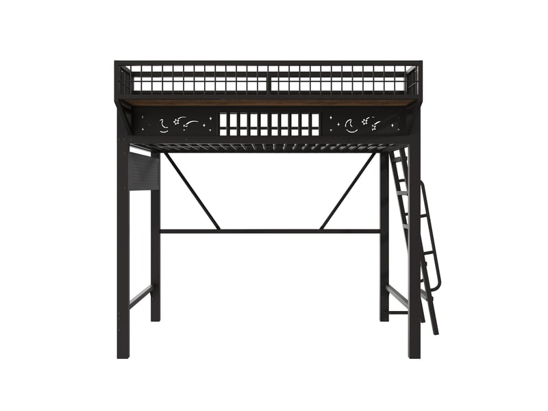 Lit mezzanine 90 × 200 cm avec étagères de rangement et escalier réversible, sans matelas, en métal, noir - Conforama E