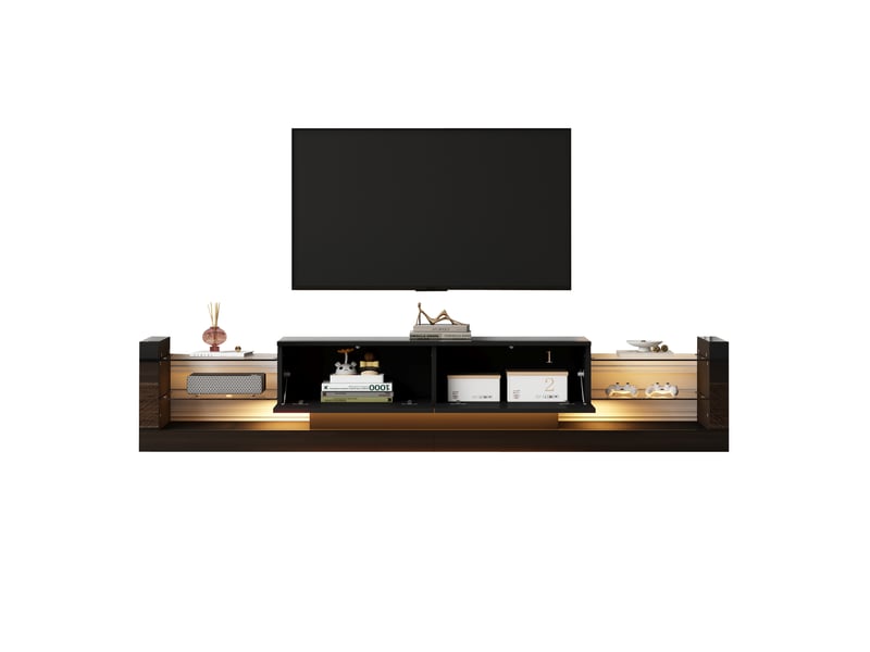  Meuble tv noir brillant avec éclairage led intégré 181 cm - pour tv jusqu'à 80 pouces - design moderne et élégant  - Conforama A