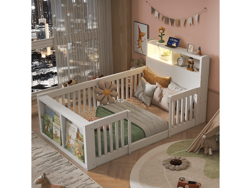  Lit enfant 90x190 avec barrière de sécurité, usb, veilleuse et rangement en bout de lit sans matelas  - Conforama D