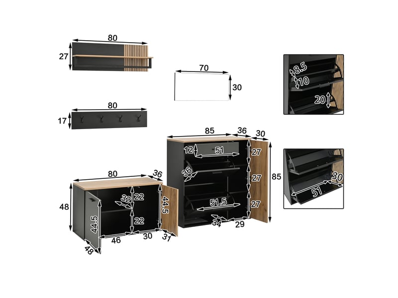  Meuble d'entrée complet, ensemble de vestiaire d'entrée 5 pièces avec meuble à chaussures banquette miroir étagère et patères, naturel  - Conforama E