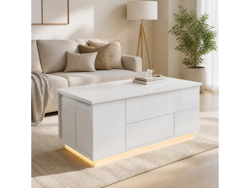  Table basse 100x50x45 cm relevable avec led panneau de particules blanche  - Conforama B